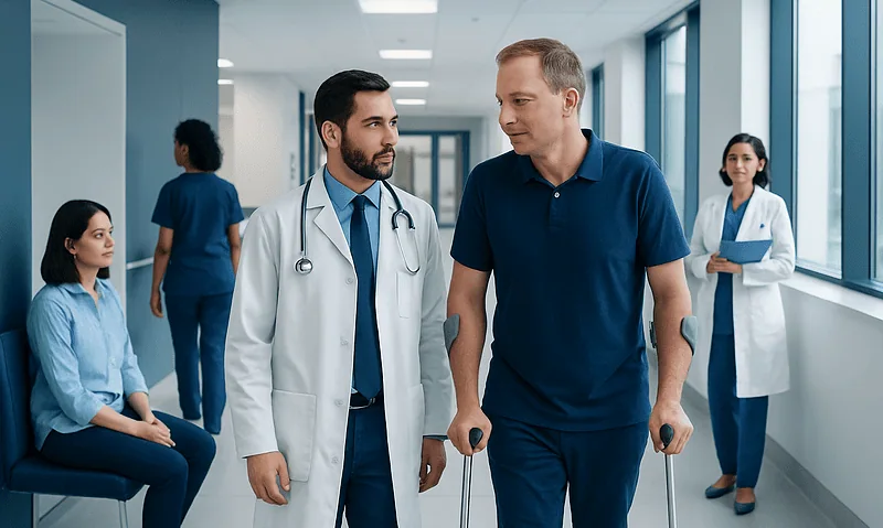 Orthopedic Surgery: Common Procedures, Candidates, and What to Expect 4 Patient with crutches talking to doctor in hospital corridor.