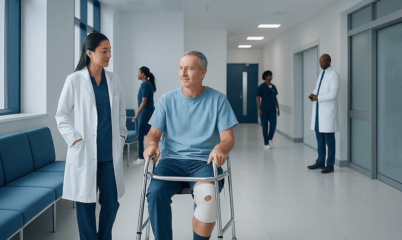Orthopedic Surgery Recovery: What to Expect After Treatment 4 Patient with knee injury in hospital corridor with medical staff nearby.