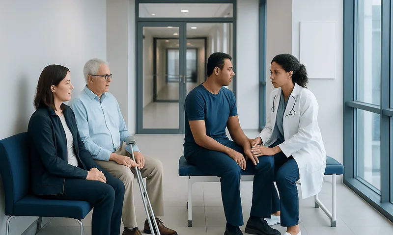 Orthopedic Surgery Risks: Complications, Side Effects, and Safety 5 Doctor consulting with elderly patient and family in hospital corridor.