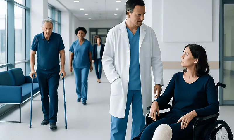 Risks and Complications of Orthopedic Surgery 6 Medical team assisting elderly patient in hospital corridor.