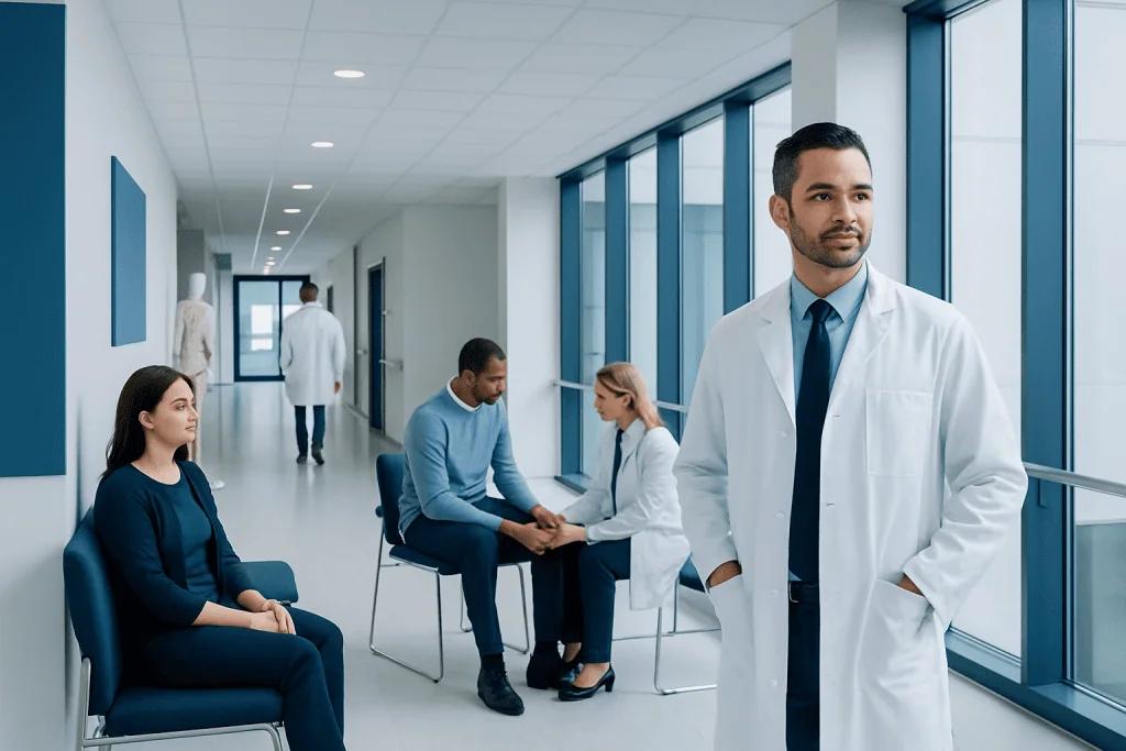 What Is Orthopedics? What Orthopedic Doctors Do 1 Orthopedic consultation in a modern hospital corridor with doctors and patients.