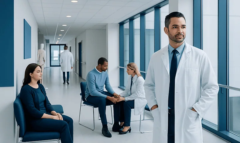 What Is Orthopedics? What Orthopedic Doctors Do 17 Orthopedic consultation in a modern hospital corridor with doctors and patients.