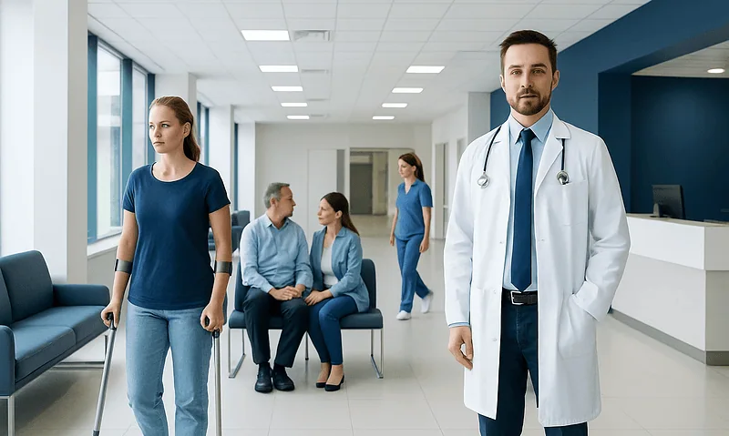 Orthopedics in Turkey: What International Patients Should Know 14 Orthopedic patient with crutches in hospital waiting area with medical staff.