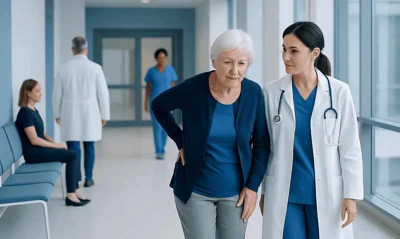 Osteoporosis: Early Warning Signs, Risk Factors, and Bone Density Testing 12 Elderly woman consulting with a female doctor in hospital corridor.