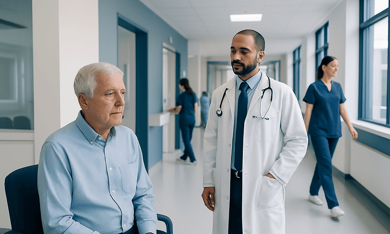 Doctor consulting elderly male patient in hospital corridor.