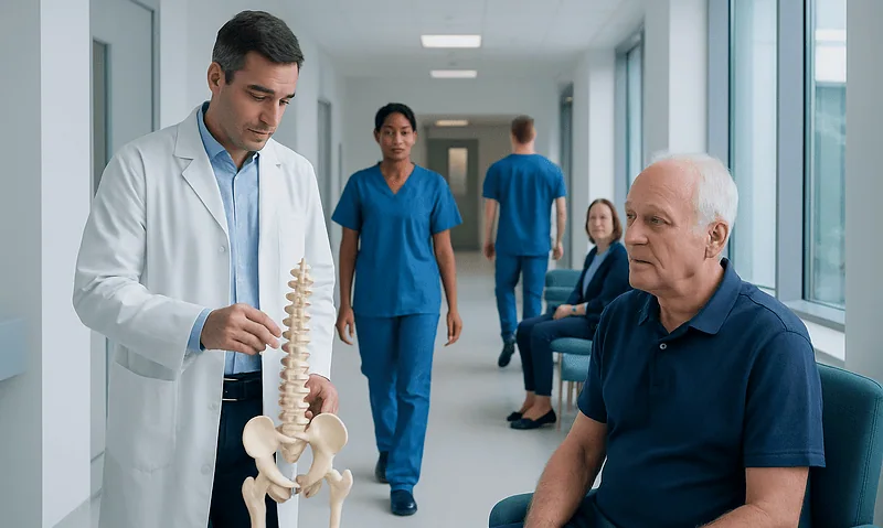 Osteoporosis in Men: Often Missed Signs, Risk Factors, and Bone Protection 11 Doctor explaining spinal model to elderly patient in hospital corridor.