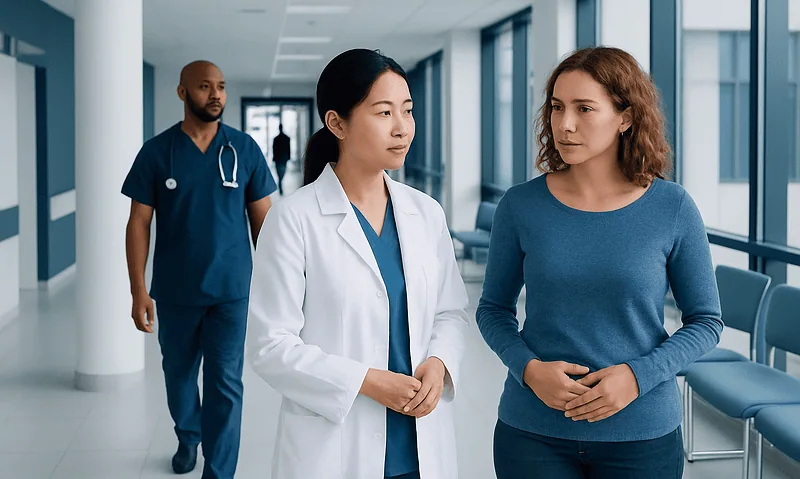 Ovarian Cyst Surgery: Who Needs It and What Recovery Looks Like 11 Doctor consulting with patient in hospital corridor at Acibadem Hospitals.