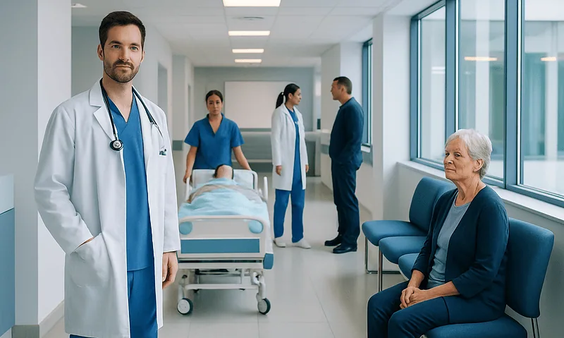 Medical team and patient in hospital corridor at Acibadem Hospitals Group.