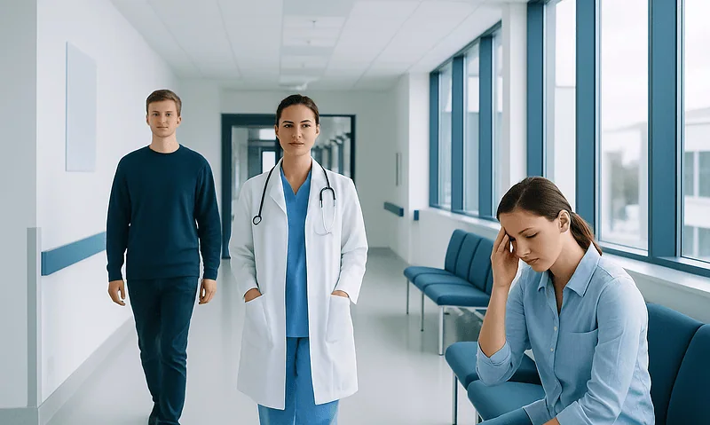 Medical professionals and patient in hospital corridor.