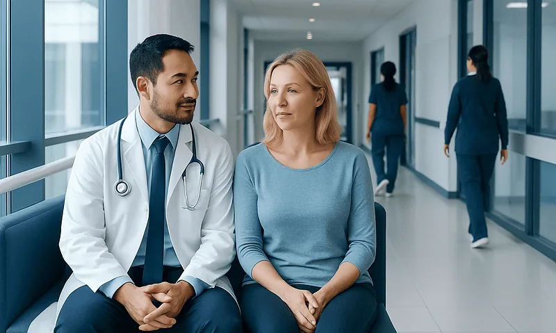 Doctor consulting with a female patient in hospital corridor.