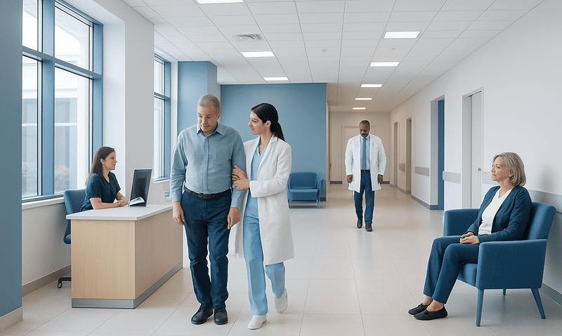 Patients and medical staff in a hospital corridor with seating areas.