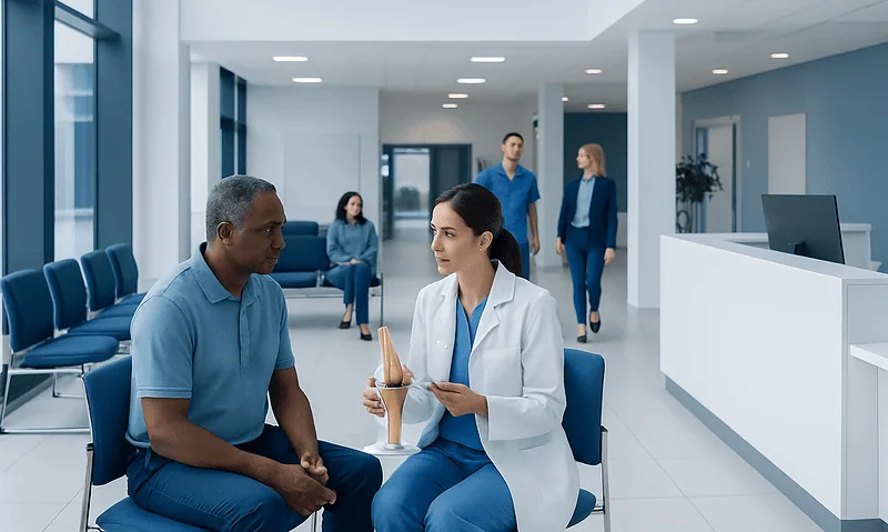 What Is a Partial Knee Replacement Procedure? 8 Doctor consulting with patient in hospital waiting area.