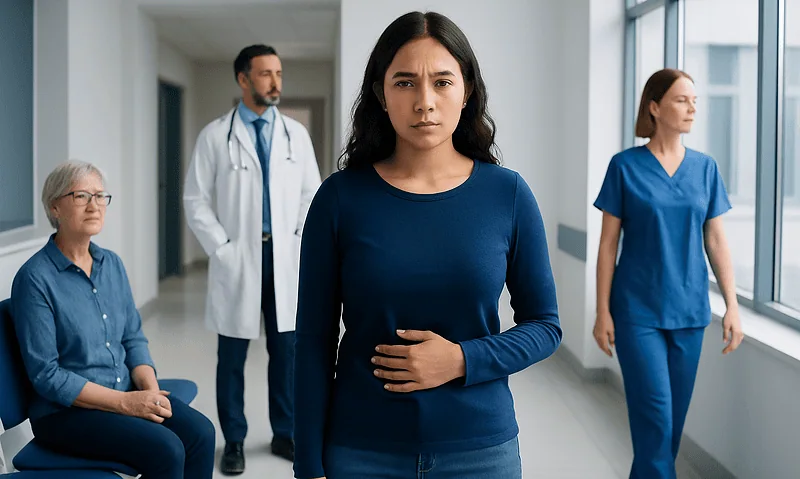 PCOS Symptoms: When Hormones May Be Affecting Periods, Skin, and Fertility 18 Young woman experiencing abdominal discomfort in a hospital corridor.