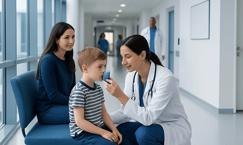 Pediatric doctor examining a young boy with a stethoscope in hospital corridor.