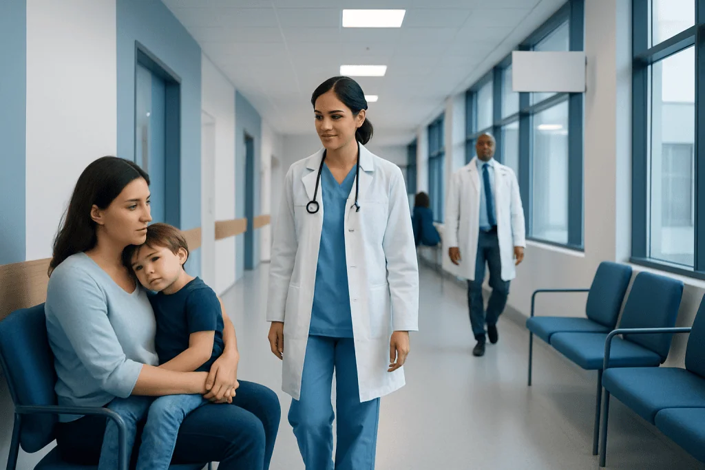 Pediatric Dehydration: Warning Signs, Oral Rehydration, and When IV Fluids Are Needed 1 Pediatric patient with mother and doctor in hospital corridor.
