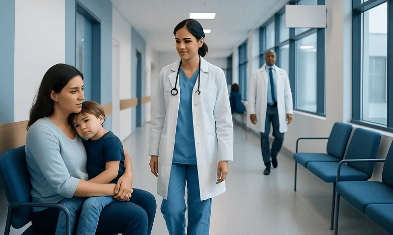 Pediatric patient with mother and doctor in hospital corridor.