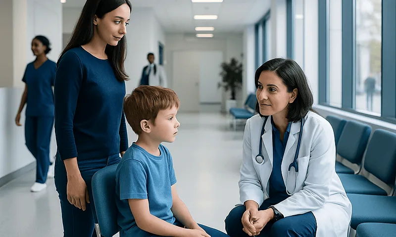 Pediatric consultation at Acibadem Hospital with doctor and young patient.