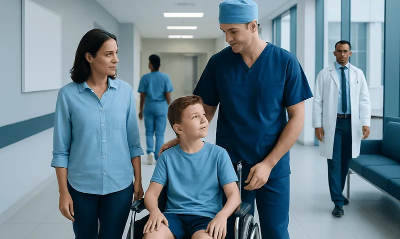 Pediatric Epilepsy Surgery: Which Children May Be Candidates? 1 Child in wheelchair with family and doctor in hospital corridor.