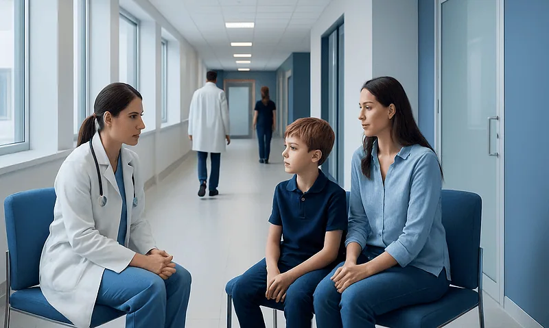 Doctor consulting with young patient and mother in hospital corridor.