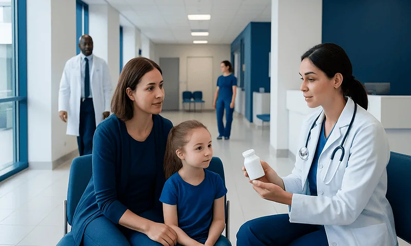 Pediatric Medicines: What Parents Should Know 17 Doctor explaining medication to mother and daughter in hospital corridor.
