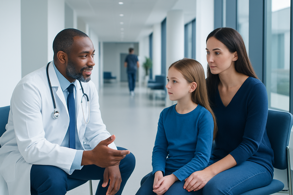 Pediatric Neuroimmunology: Autoimmune Brain and Nerve Disorders in Children 1 Doctor consulting with young girl and mother in hospital corridor.