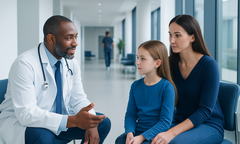 Doctor consulting with young girl and mother in hospital corridor.