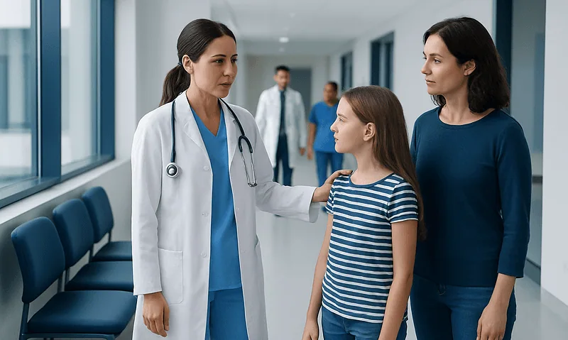 Pediatric doctor consulting young girl and mother in hospital corridor.