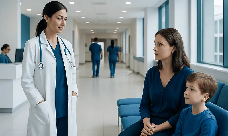 Pediatric patient consulting with a doctor in a hospital corridor.