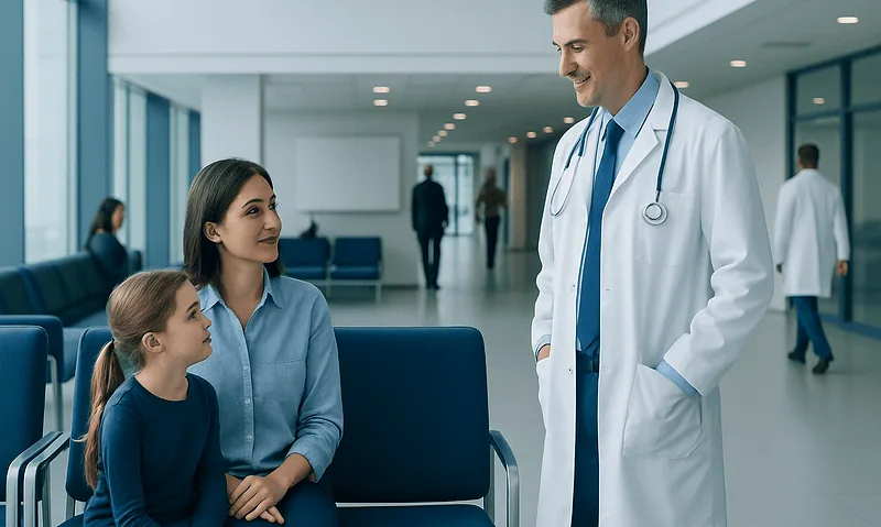 Pediatrics in Turkey: What International Families Can Expect 13 Doctor talking to mother and daughter in hospital waiting area.