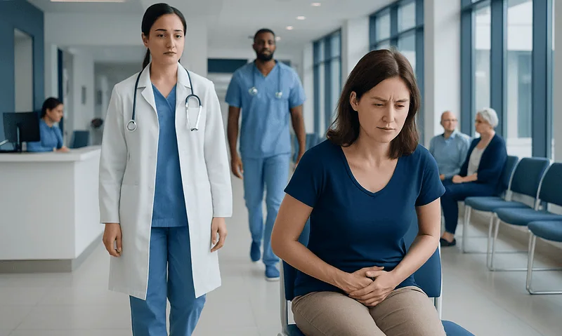 Pelvic Pain in Women: Possible Causes and When to Seek Care 11 Woman experiencing pelvic pain in a hospital waiting area.