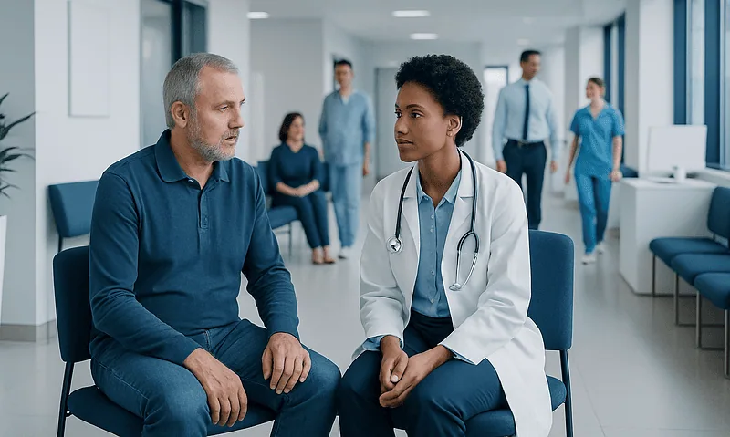Doctor consulting with a patient in a hospital corridor.