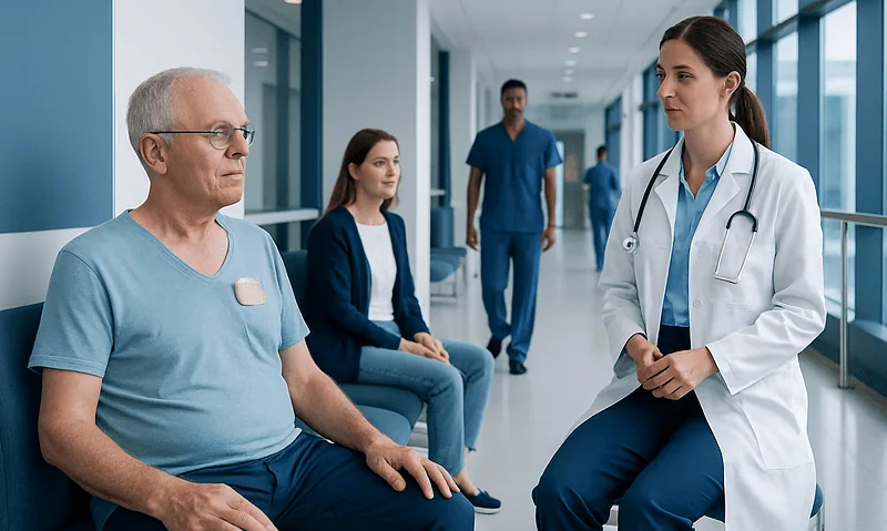 Doctor consulting with a senior male patient in hospital corridor.