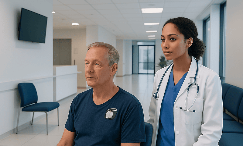 Patient consulting with a healthcare professional in a hospital corridor.