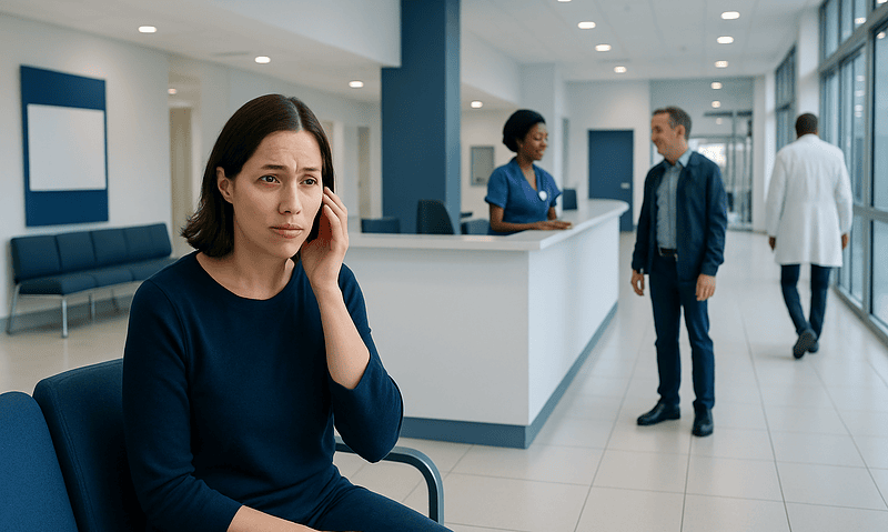 Woman with eye discomfort at hospital reception area.