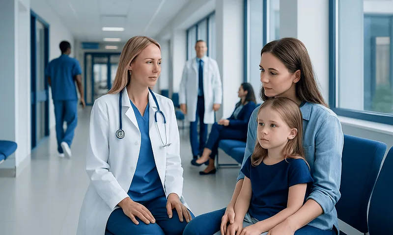 Pink Eye in Children: Causes, Treatment, and When It Spreads Easily 1 Doctor consulting young girl with mother in hospital corridor.