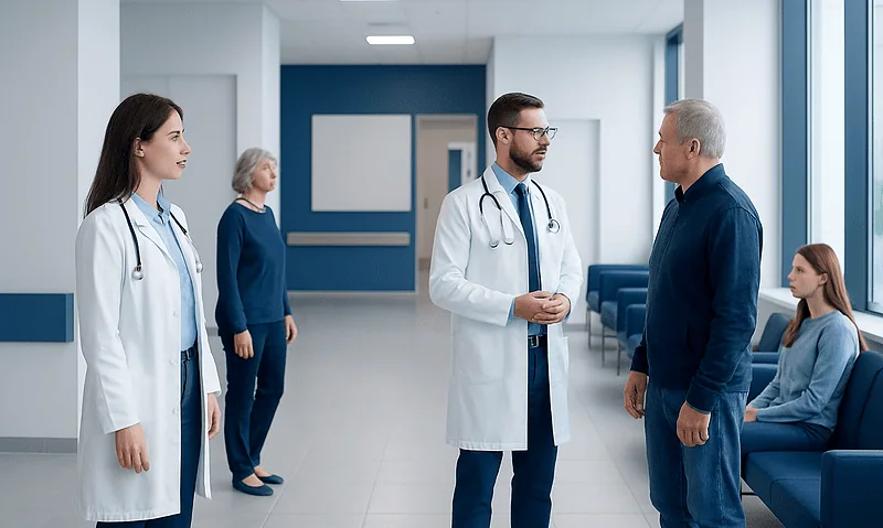 Pituitary Tumors: Symptoms, Hormone Changes, and Diagnosis 25 Medical team consulting with patient in hospital corridor.