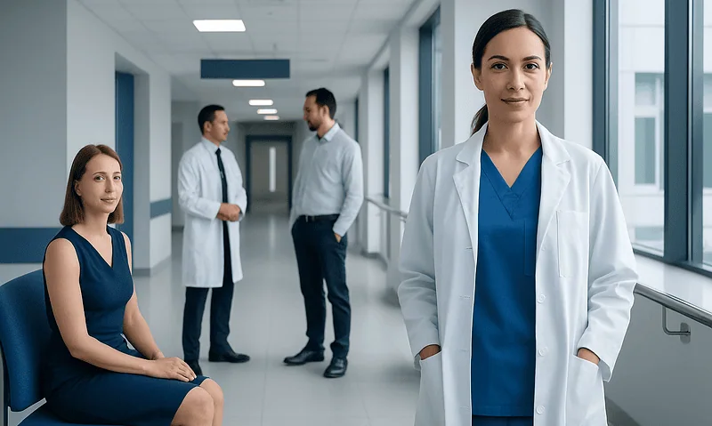 Medical team in hospital corridor with a female doctor in foreground.