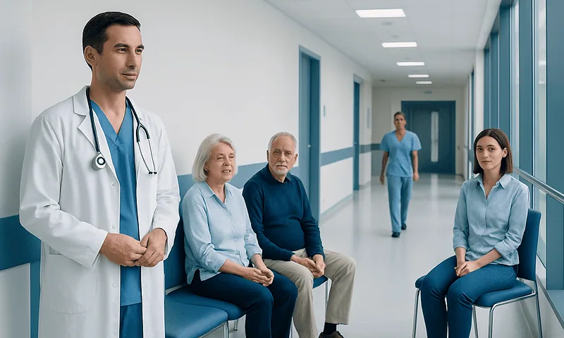 Pleural Mesothelioma: Asbestos Exposure, Symptoms, and Diagnosis 5 Medical team consulting with patients in hospital corridor.