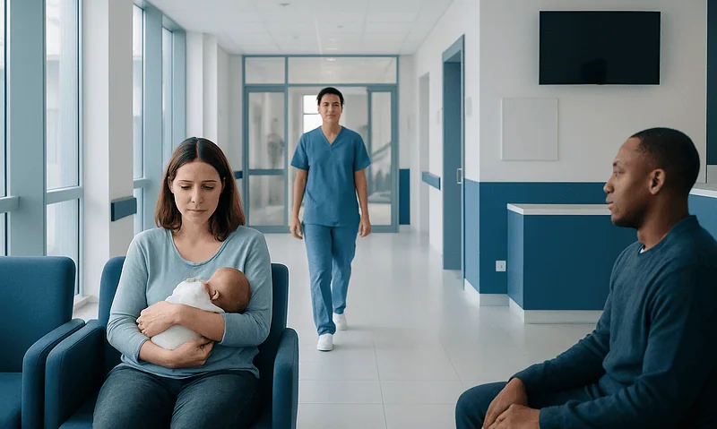 Mother with newborn in hospital waiting area, healthcare staff in background.