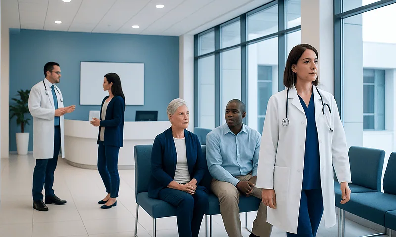 Precision Oncology: How Biomarkers Guide Treatment 12 Medical professionals and patients in a modern hospital waiting area.