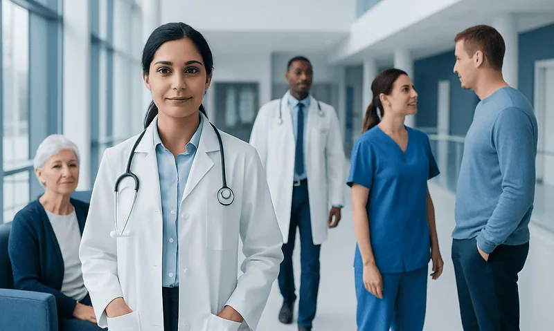 Healthcare professionals and patient in a hospital setting.