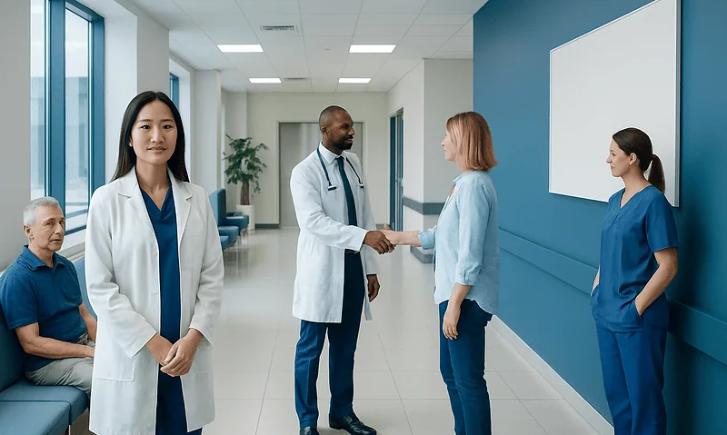 Doctors greeting a patient in a hospital corridor with medical staff nearby.
