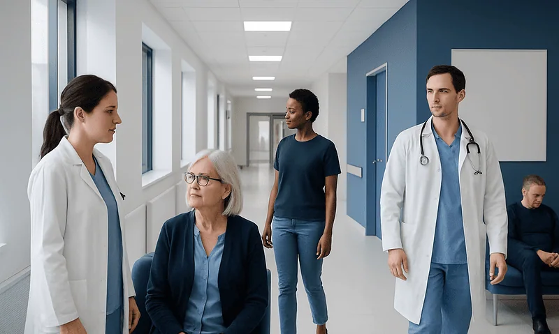 Medical team consulting with elderly patient in hospital corridor.