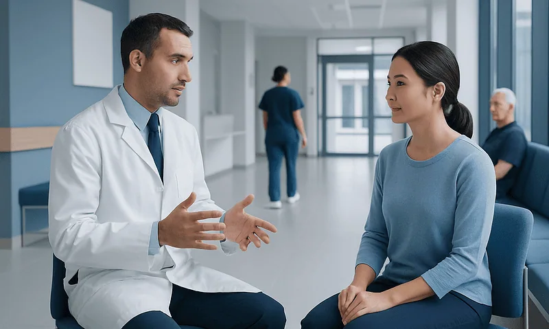 Doctor consulting with a patient in a modern hospital corridor.