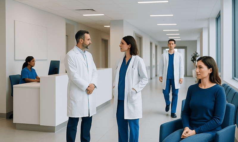 Medical team discussing patient care in hospital corridor.