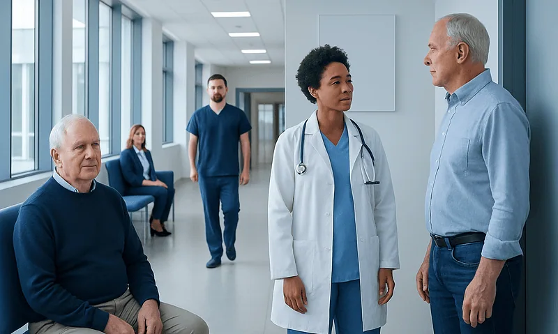 Prostate Cancer: Tests, Staging, and Treatment Options 10 Medical consultation in hospital corridor with doctor and patients.
