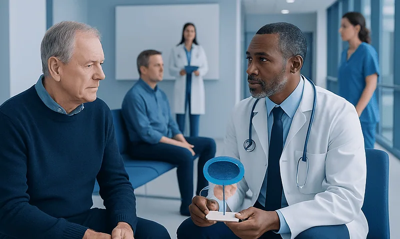 Doctor explaining prostate health to an older male patient in a hospital.