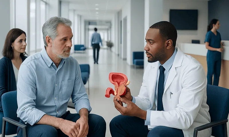 Prostate Cancer Screening: PSA, MRI, and When Testing May Be Recommended 3 Urologist explaining prostate health with model to patient in clinic.