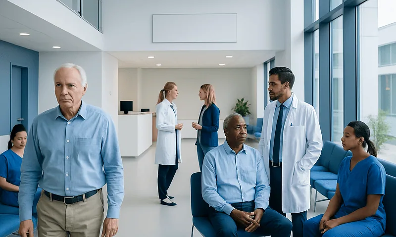 Diverse group of patients and doctors in a modern hospital waiting area.