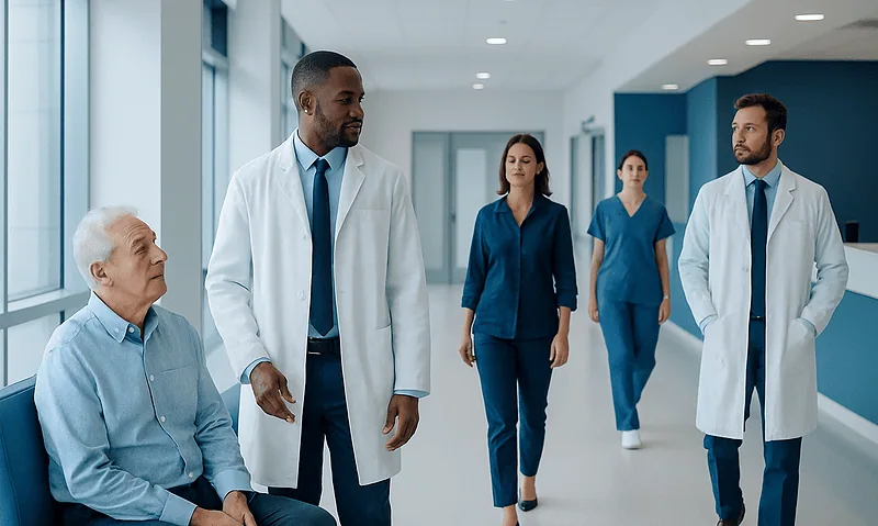 Medical team discussing patient care in hospital corridor.